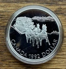 1992 Sterling Silver Royal Canadian Mint. Stagecoach Dollar. Box & COA.