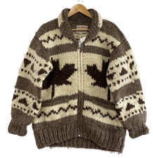Igloo Canadian Hand Knit Cowichan Wool Zip Jacket Maple Leaf Brown 42 XL XXL
