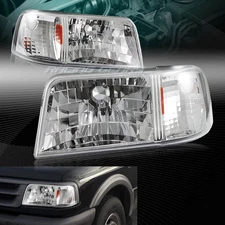 CHROME HOUSING HEAD LIGHTS 1-PIECE W/AMBER REFLECTOR LAMP FIT 93-97 FORD RANGER