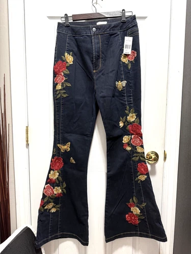 DRIFTWOOD VEDA BEESN ROSES Flare BELL BOTTOM JEANS Embroidered Dark Wash 29 NWT