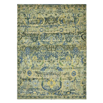 10'1''x14'1'' Green Erased Zoroastrian Inspired Hand Knotted Pure Wool Rug G75686
