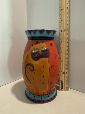 Laurel Burch Cat Vase by Ganz 12  Tall Colorful Ceramic Art Pottery