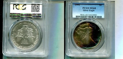 1991 AMERICAN SILVER EAGLE 1 OUNCE .999 FINE COIN PCGS MS68 CRAZY TONING