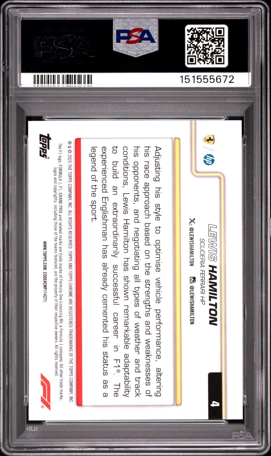 2025 Topps Sapphire LEWIS HAMILTON /75 Yellow 75th Anniversary #4 PSA 10 Ferrari view 2