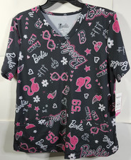 Barbie Doll Women's M V-Neck Black Scrub Top w/Pockets Nursing Uniform Medical