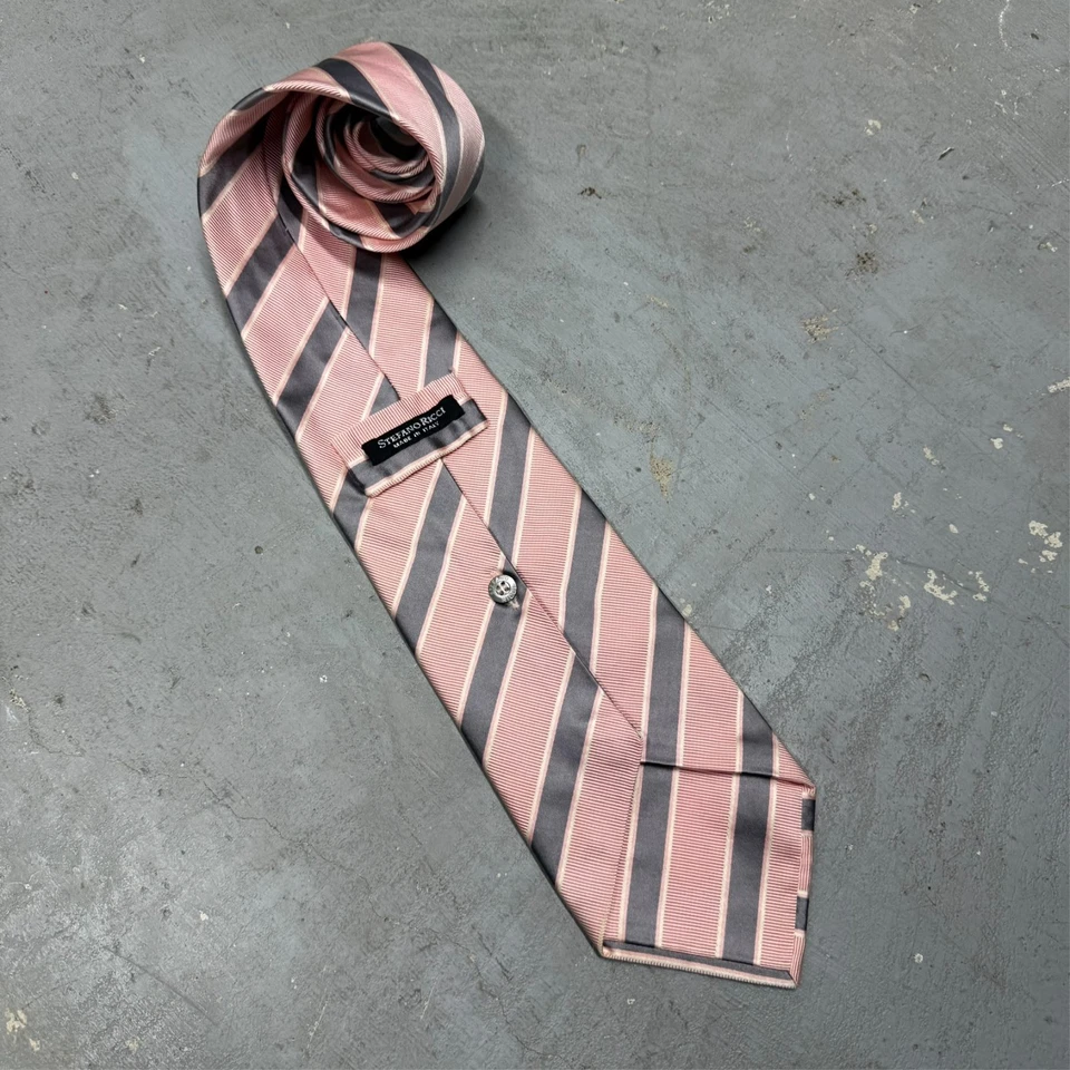 Corbata Stefano Ricci Hecha en Italia Rosa/Gris Rayas 100% Seda Tejida 4.5" Foto 3 de 4