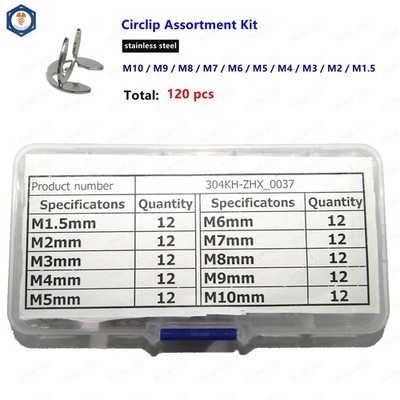 120 Pcs Stainless Steel E-Clip Assortment Kit 1.5 2 3 4 5 6 7 8 9 10 mm Circlip 