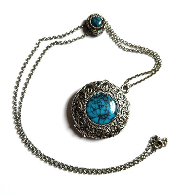 Vintage Max Factor Compact On Chain Slide Silver Tone Faux Turquoise Stones