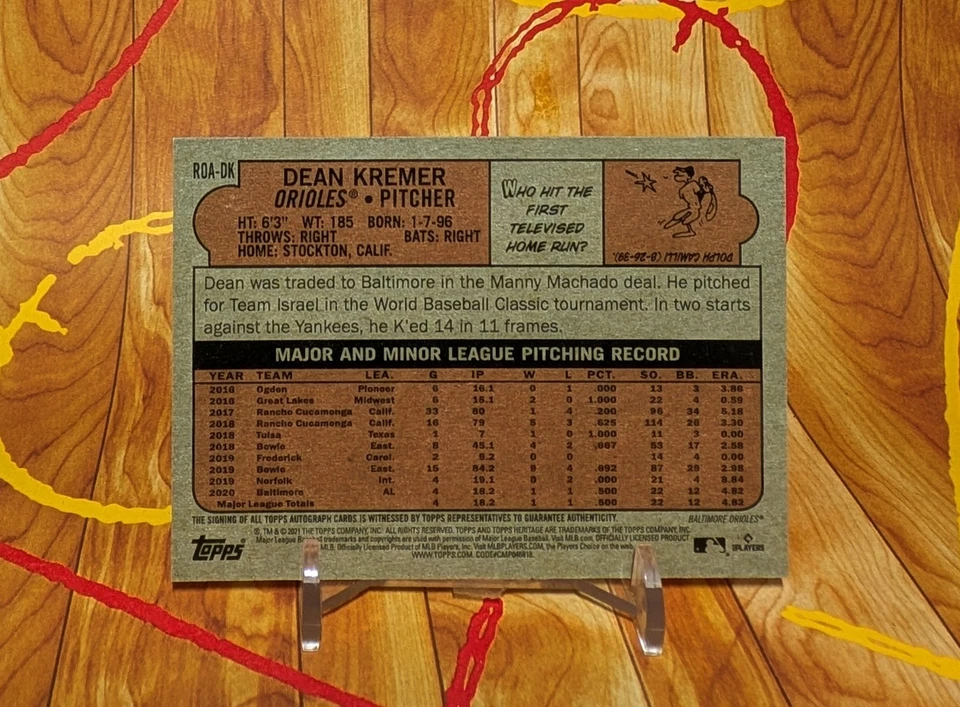 2021 Dean Kremer Topps Heritage #ROA-DK Real One Auto RC Baltimore Orioles - Image 2 of 2