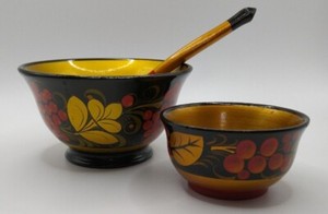 Vintage Folk Art Bo Ho  Khokhloma Bowls an Spoon Russian Gold Red Black Lacquer