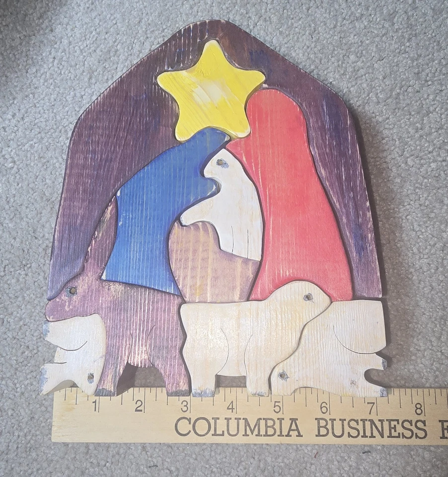 Wood Nativity Puzzle - 10 Pieces - Stained In Various Colors - Image 4 of 4