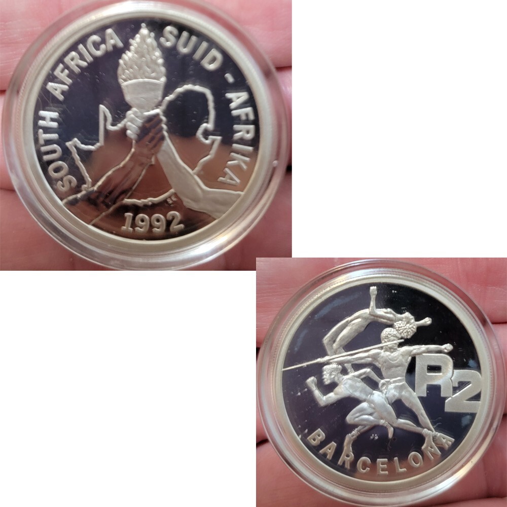 1 OZ SILVER 1992 South Africa SILVER PROOF 2 Rand BARCELONA