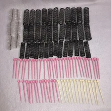 Vintage Black Wire Brush Mesh Hair Rollers Curlers w Pink & White Picks Lot