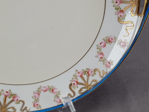 Nippon Hand Painted Pink Roses Gold Bows Blue & Ivory Cake Plate C.1891-1911 - Picture 5 of 10