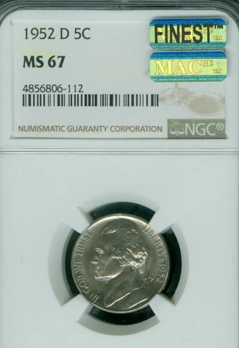 1952 D JEFFERSON NICKEL NGC MS67 PQ BLAST WHITE MAC FINEST GRADE & SPOTLESS *