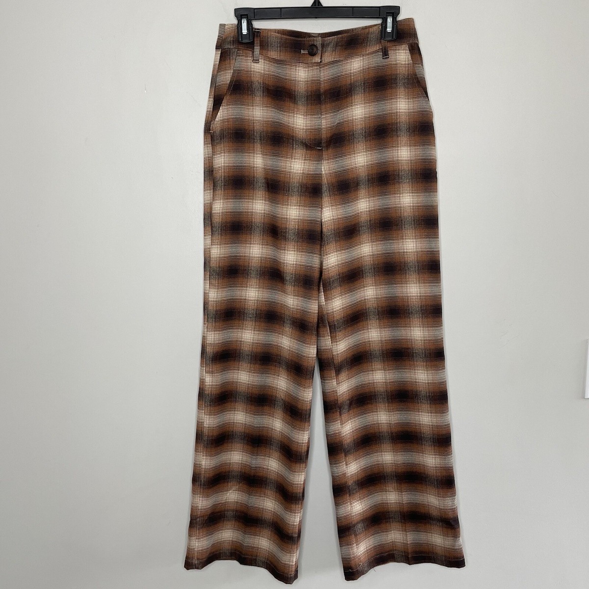 C&A Clockhouse Pants Women 40 Brown Plaid Trousers NEW Straight Wide Leg  28