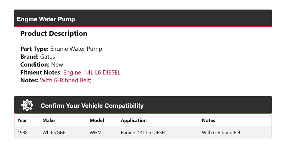 Puertas de bomba de agua para motor diésel 14L L6 Whm 1988 blanco/GMC WHM Foto 2 de 4
