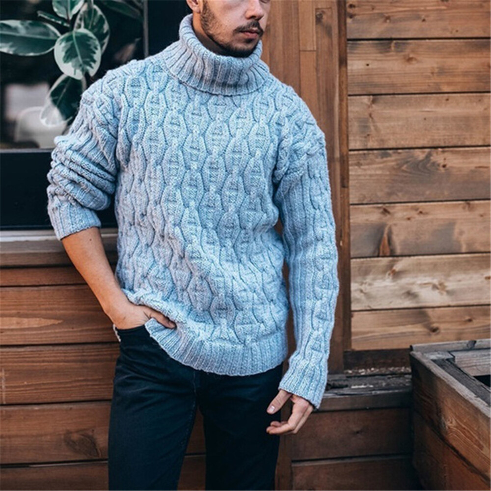 Mens Sweaters Long Sleeve Slim Fit Turtleneck Knitted Pullover Casual  Sweater