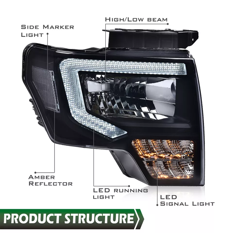 Fit For 2009-2014 Ford F-150 F150 Headlights Black/Smoke LED DRL Head Lamps - Image 3 of 4