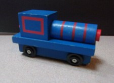 Vtg Small Red  Blue Wood Toy Train Steam Engine with Rolling Wheels