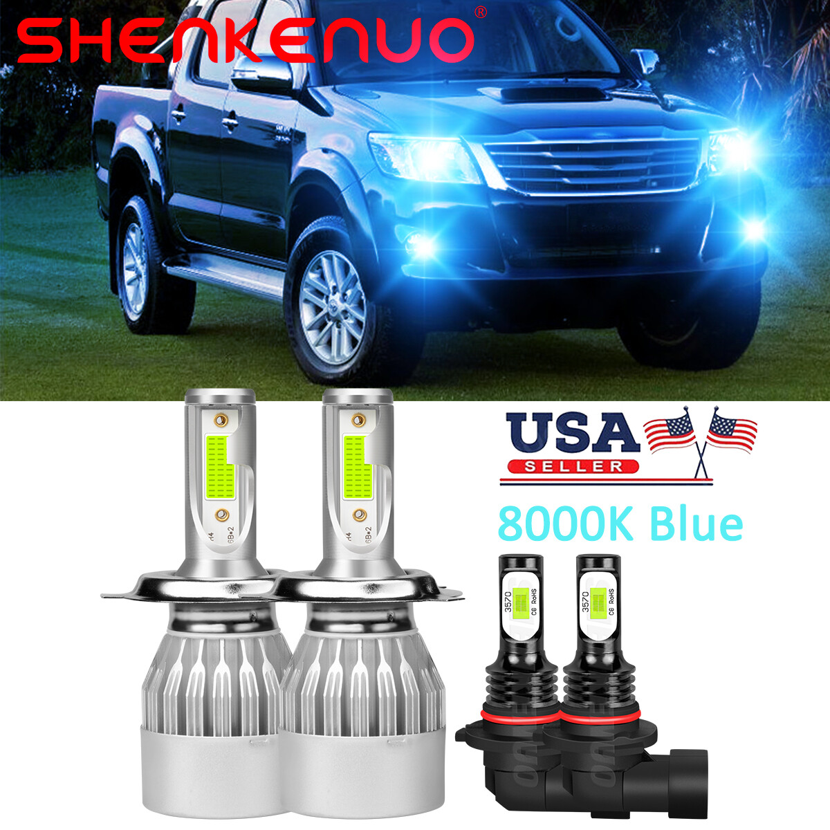 For Toyota Hilux 2004-2019 8000K LED Headlights Hi/Lo Beam + Fog