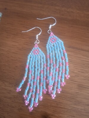 Native American Style Miyuki Ohrringe blau türkis und rosa Handmade