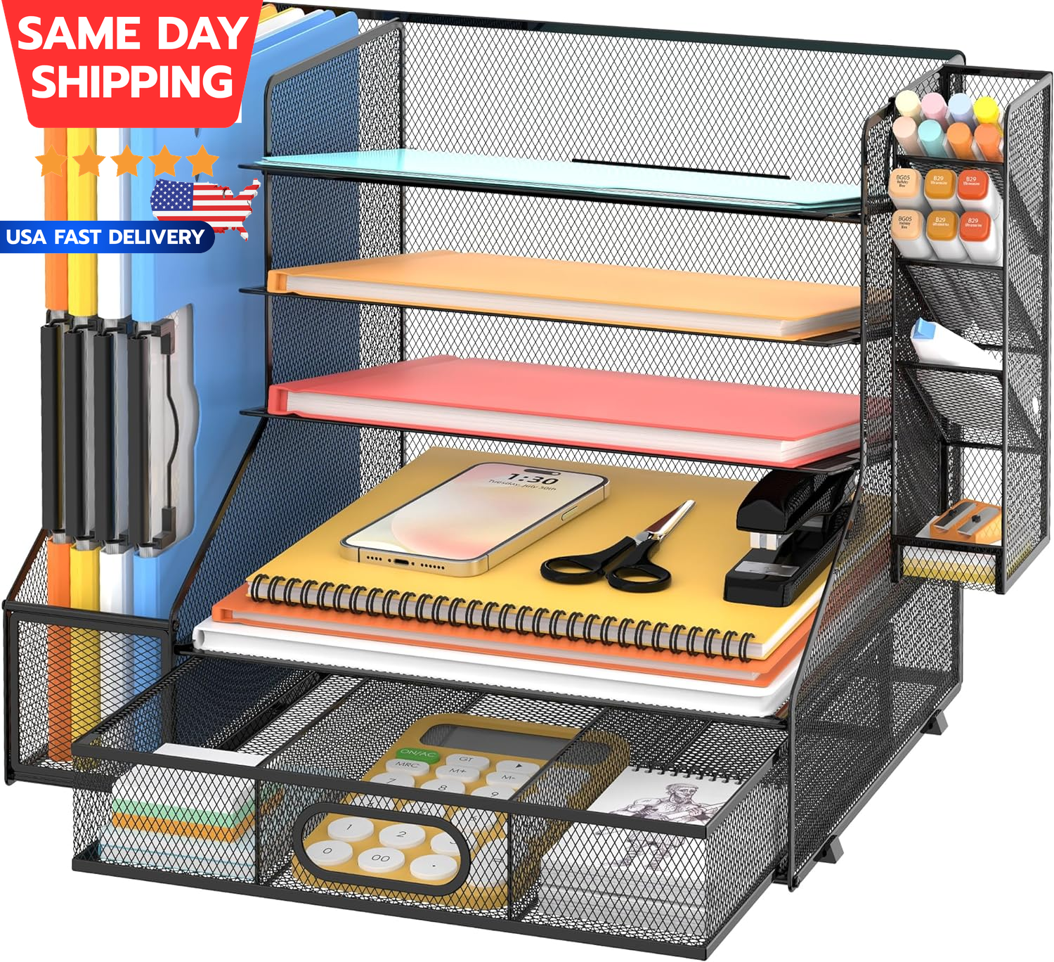 5-Tier Mesh Desk Organizer with File and Pen Holders