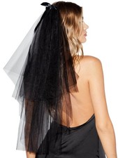 Black Bow Veil Two Tiers Bowknot Veils Elegant Halloween Gothic Veil Waist Le...