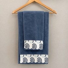 Vintage J Labouchar Blue Seashell Embroidered Towel Set Bath Hand Made in USA