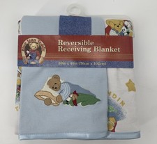 VNTG Blue Jean Teddy Bear Reversible Receiving Blanket Bear Lovey 30X40
