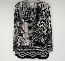 Susan Graver Tunic Top Sz S Black White Animal Print Long Sleeve Geometric Hem