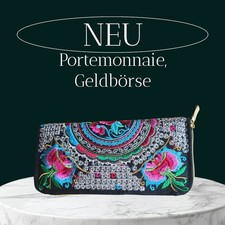 NEU Portemonnaie Geldbörse Geldbeutel Wallet Schwarz Bunte Stickerei 9 x 19 cm