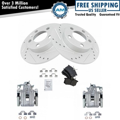 Rear Ceramic Pads Drilled Slotted Zinc Coated Rotors & New Calipers Kit