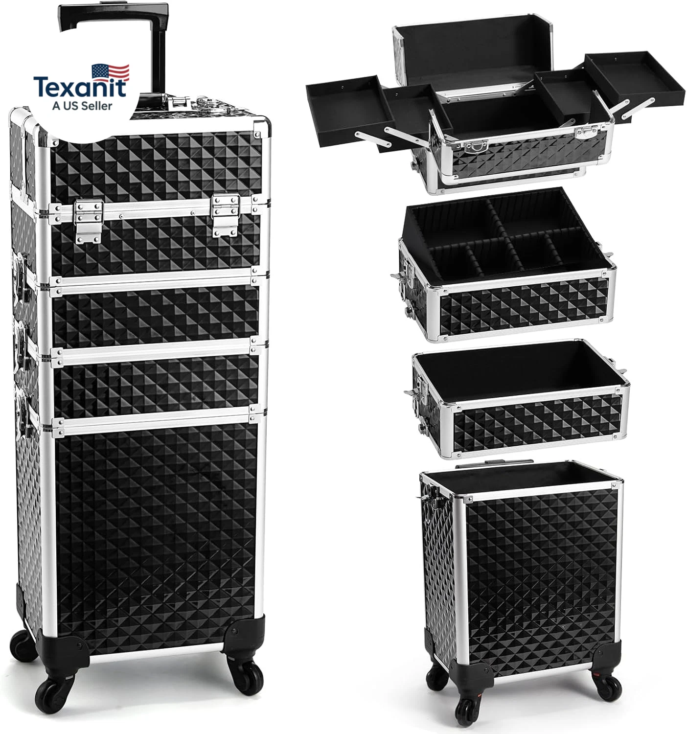 Rolling Makeup Train Case, 4-In-1 Cosmetology Case on Wheels, Nail Tech Cart for