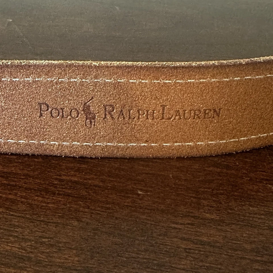 Cinturón Polo Ralph Lauren Para Hombre 36/90 Marrón Grano Completo Cuero Hebilla Dorada Estampado Foto 3 de 4