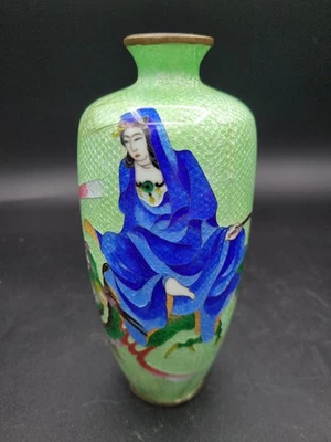 Antique Meiji? Japanese Cloisonné Ginbari Vase Green Signed Dragon Woman *As-Is* - Image 1 of 4