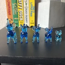 Vintage MCM Glass Elephant Family Figurines Blue Set of 5 Murano Style Mom Baby