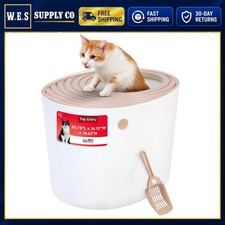 Cat Litter Box Top Entry Hooded Beige White Made in USA