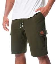 Men  s Casual Sweat Cargo Cotton Shorts Drawstring Elastic Large Army Green