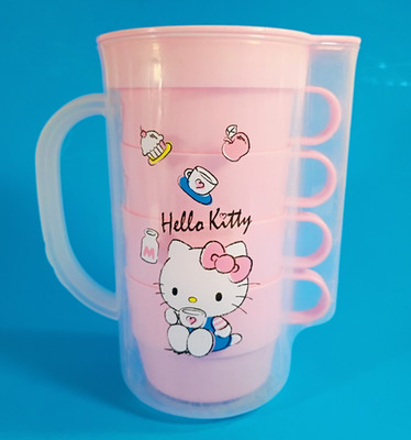 Hello Kitty 5-In-One Tupperware Set. 4- 7oz. Cups, 1- 32oz. Pitcher with Lid.
