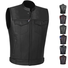 SOA Men's Leather Motorcycle Concealed Gun Pockets Biker Club Vest w/ Armor Men