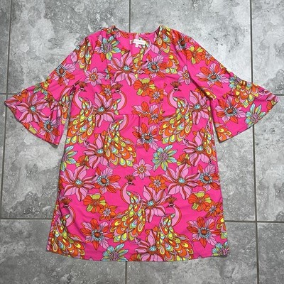 Jude Connally Shift Dress Flutter Sleeve Stretch Knit Jude Cloth Pink Floral M