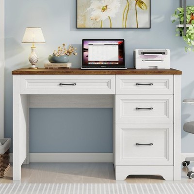 Farmhouse Executive Desk with Drawers, Wood Computer Desk with Ample File