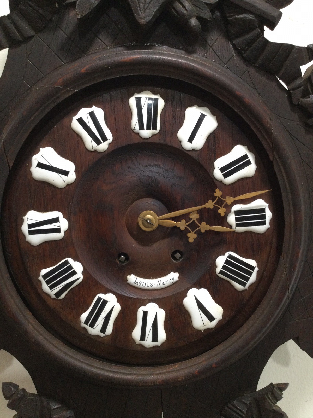 Antique Wood wall French  clock by Louis Nancy Keeping Time In Chiming About1880