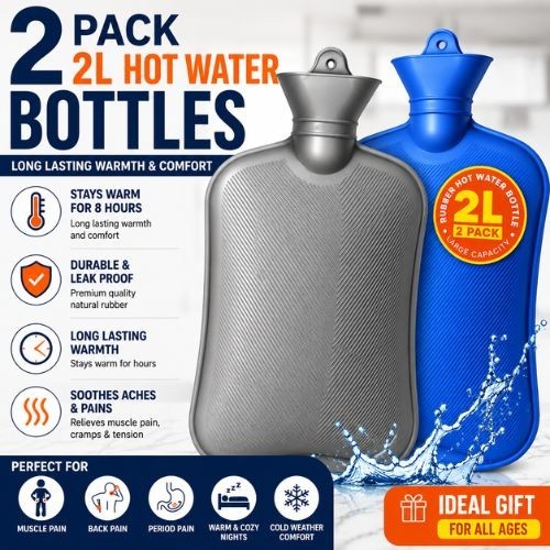 2 Pack Hot Water Bottle Blue & Grey - 2L Pain Relief, Hand Warmer FREE DELIVERY