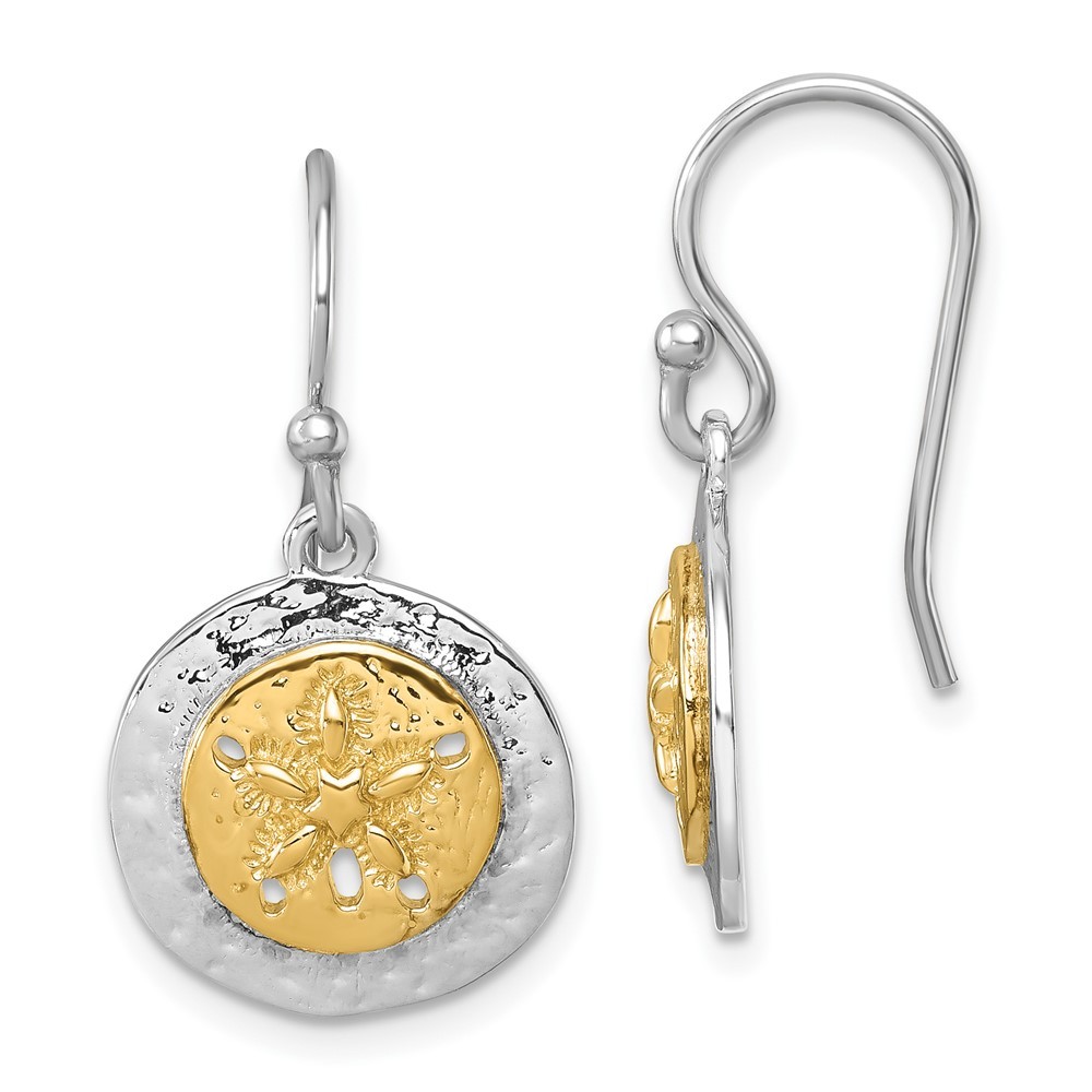 925 Sterling Silver Gold-tone Textured Sand Dollar Drop & Dangle Earrings 3.69gm