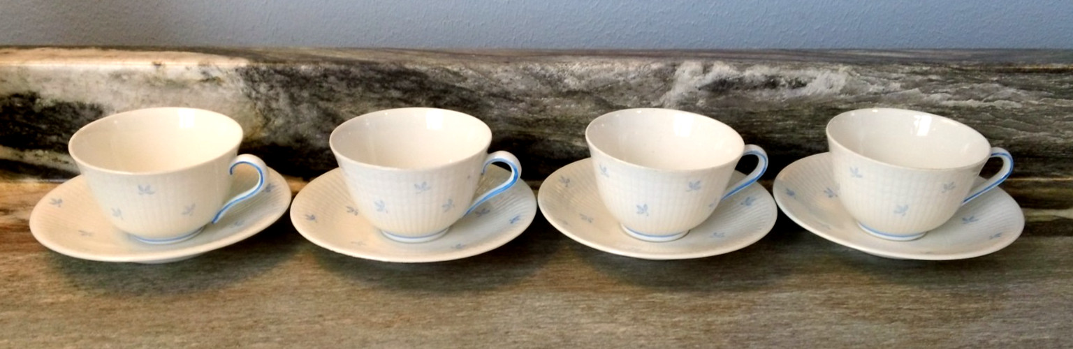 Set of 4 Rorstrand Cups and Saucers Blue Leaf Pattern