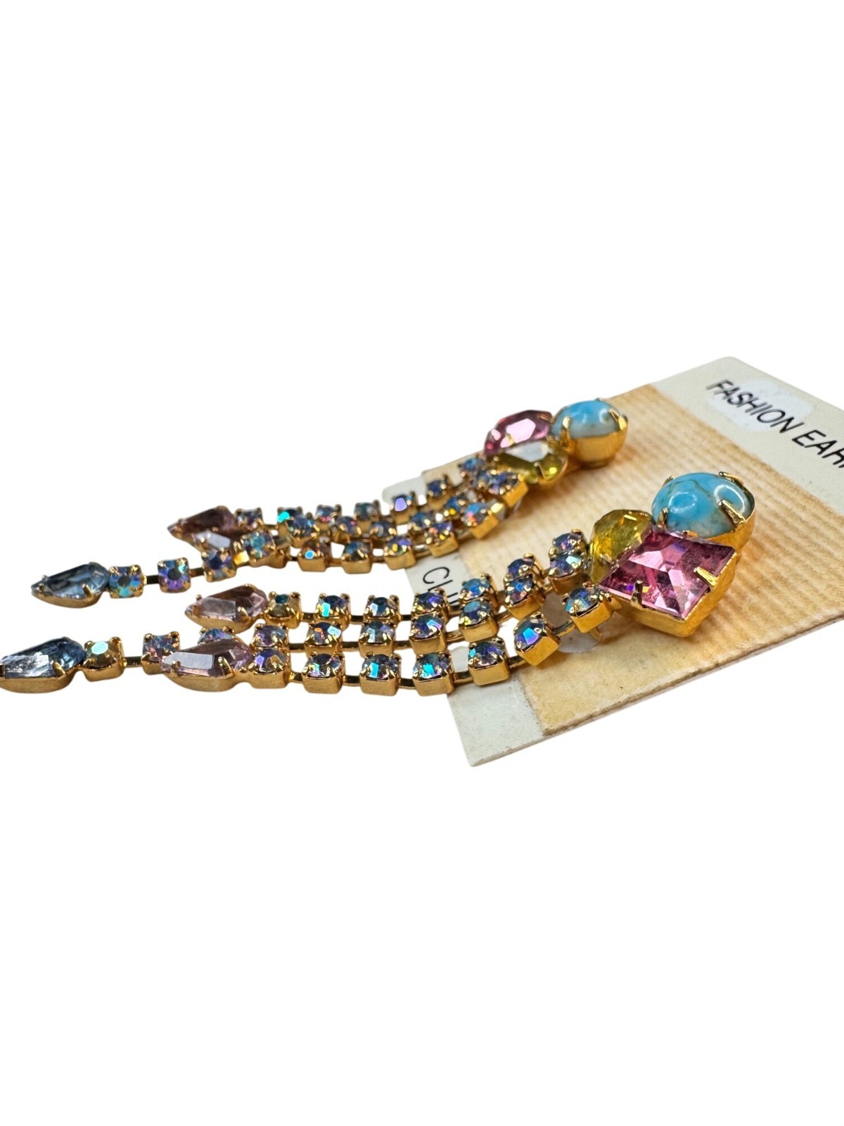 Statement Dangle Earrings Gold Multicolor Crystal… - image 2