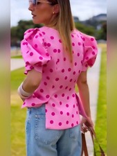 ZARA POLKA DOT PUFF SLEEVE TOP PINKS XS 3897/...