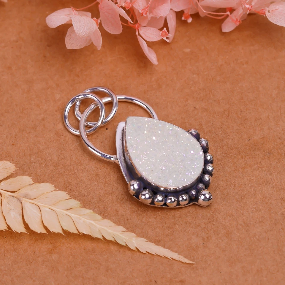 COLGANTE DRUSY DE ÁGATA DE TITANIO BLANCO NIEVE 925 PLATA ESTERLINA SÓLIDA JOYERÍA RETRO Foto 2 de 4